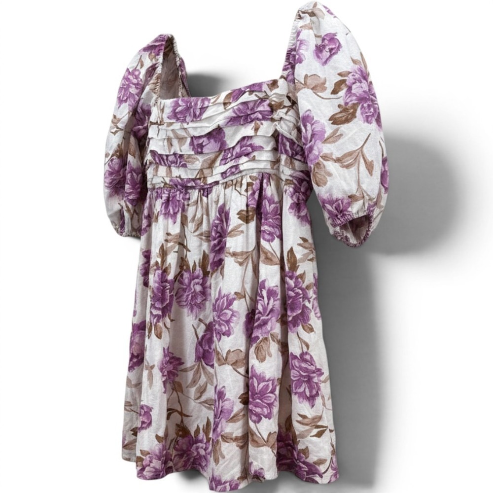 Abercrombie & Fitch Purple Floral Linen Blend Puff on/off Sleeve Mini Dress XLP